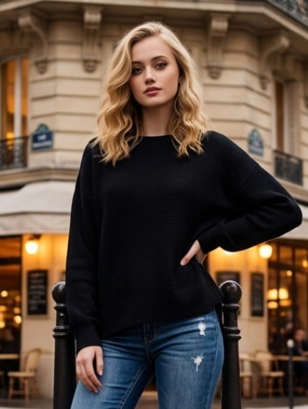 RD Style Women's Classic Black Ribbed Knit Sweater High-low Hem Size Large